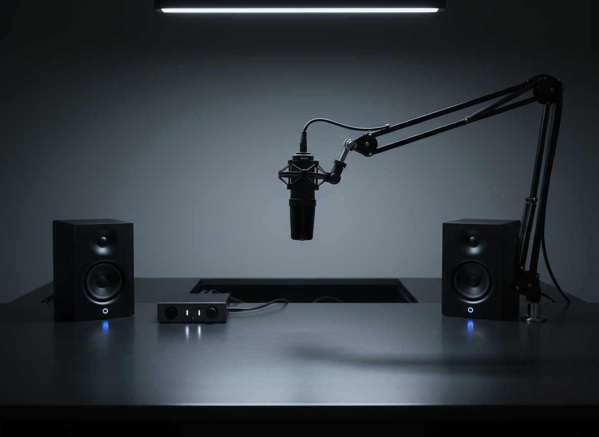 A minimalist, dimly lit recording studio desk featuring a single, matte-black studio microphone suspended on a sleek boom arm, surrounded by neatly arranged audio interfaces and studio monitors with subtle LED indicators glowing softly. The desk surface is a dark, brushed metal, spotless and uncluttered, with clean cable runs disappearing into the background. Cool, diffused overhead lighting creates gentle reflections on the equipment and casts soft, orderly shadows across the scene. Shot at eye level with a centered, balanced composition and moderate depth of field, the background fades into a neutral charcoal gradient. The mood is professional, introspective, and corporate, evoking underground music crafted with precision and discipline in a controlled, photographic realism style.