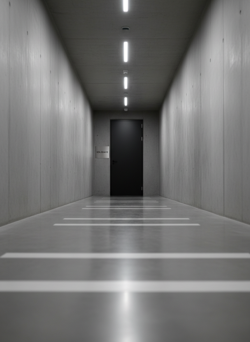 A stark, minimalist hallway in a modern building, walls and floor in muted concrete gray, leading to a single closed black door labeled only with a small, metallic “Solgrave” plaque in clean sans-serif type. The corridor is illuminated by a sequence of cool white ceiling strip lights, casting long, orderly shadows that rhythmically divide the space. No clutter or decoration breaks the lines, emphasizing anonymity and mystery. Shot from a low, centered perspective, the door sits at the vanishing point, creating strong linear depth and a sense of focus. The atmosphere is tense yet controlled, like an entrance to a hidden studio or listening room, rendered in photographic realism with a corporate, structured aesthetic and neutral tones.