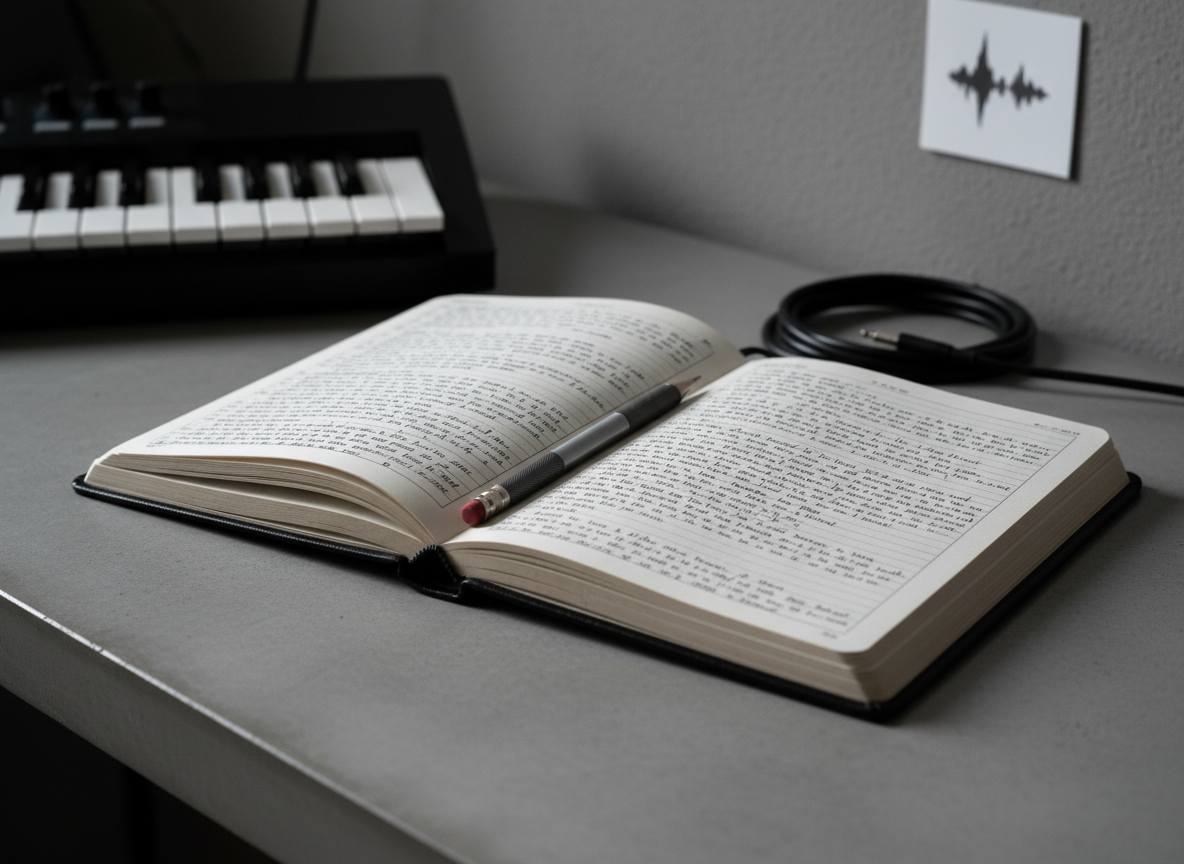 A close-up of a black leather-bound notebook lying open on a smooth concrete tabletop, filled with carefully written, dense song lyrics in dark ink, a slim graphite mechanical pencil resting neatly along the center fold. Around it, minimalist studio elements appear in soft focus: a corner of a keyboard, a neatly coiled cable, and a small, monochrome audio waveform print pinned to a gray wall. Cool, diffused side lighting from an unseen window creates subtle shadows in the notebook’s textured pages and a faint reflection on the concrete. Composed using the rule of thirds with a shallow depth of field, the image feels quiet, analytical, and deeply reflective, matching a professional, photographic realism aesthetic with clean lines and neutral tones.