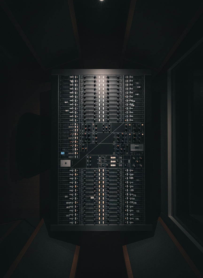 A dark, meticulously organized mixing console viewed from above, its rows of black and charcoal faders, knobs, and buttons forming a precise grid pattern. Only a few small LEDs glow in muted amber and white, guiding the eye along a subtle diagonal. The console sits in an otherwise shadowed control room, with hints of acoustic paneling and a large, blacked-out window barely visible at the edges. A single, focused overhead light bathes the center of the board, creating sharp yet controlled contrast and crisp reflections on the smooth surfaces. The composition uses a top-down, almost architectural perspective to emphasize structure, balance, and order. The mood is intense, technical, and professional, perfectly aligned with a clean, modern, photographic style that suggests dark sound crafted with scientific precision, not spectacle.